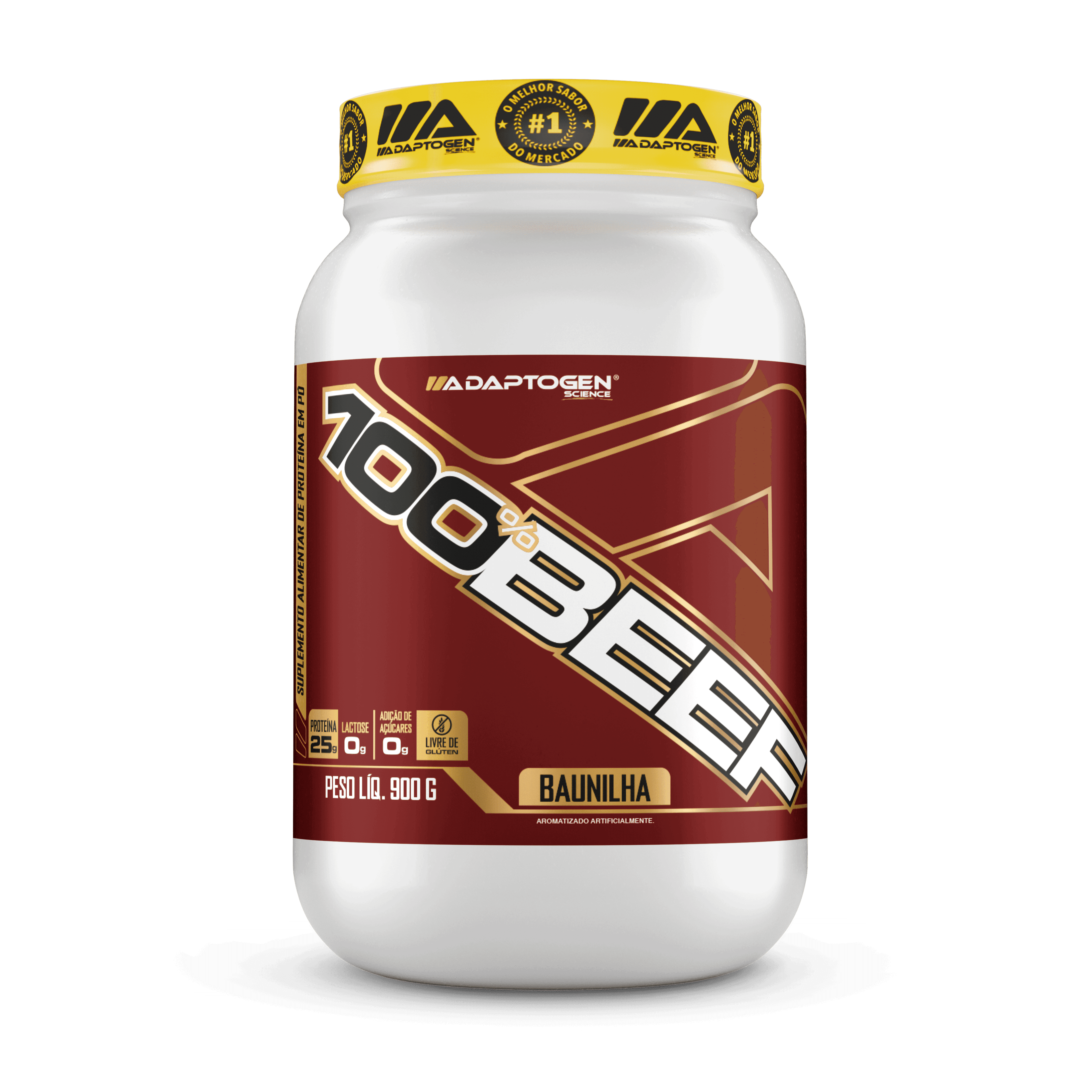 Pote de Whey Beef Demons Lab, embalagem branca com detalhes vermelho e amarelo, 900g
