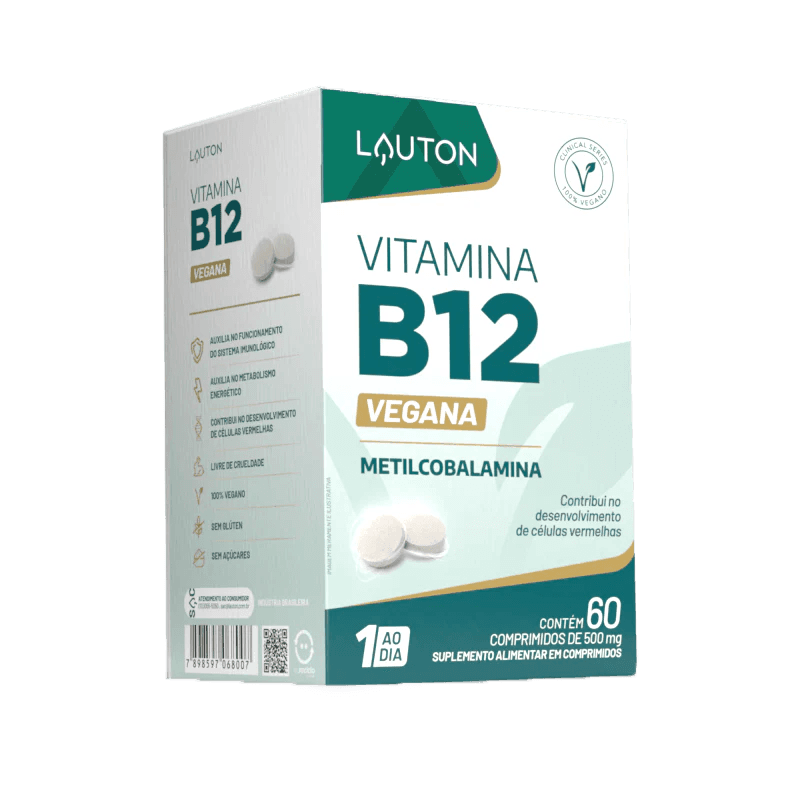 Embalagem da vitamina lauton b12 vegana 60 comprimidos, embalagem com detalhes branco e verde piscina