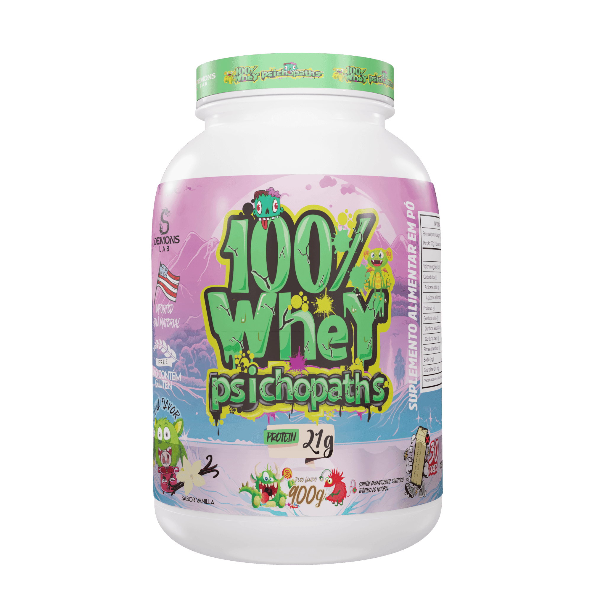 Pote de Whey Concentrado Demons Psychopaths baunilha, embalagem branca com detalhes verde, rosa e azul, 900g