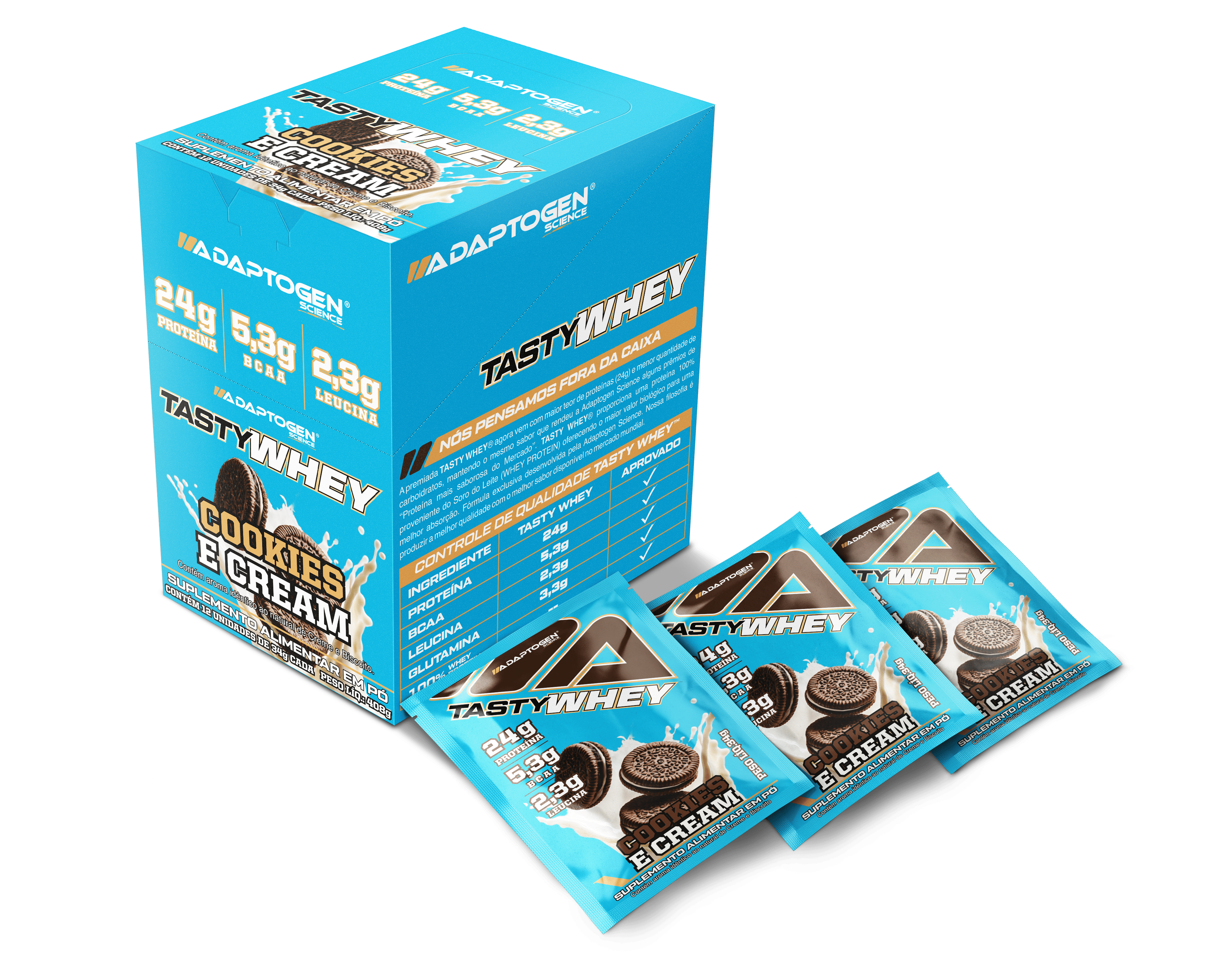 Sachê de Whey Protein Adaptogen Tasty Whey 3W sabor Cookies and cream, 34g, embalagem com detalhes azul