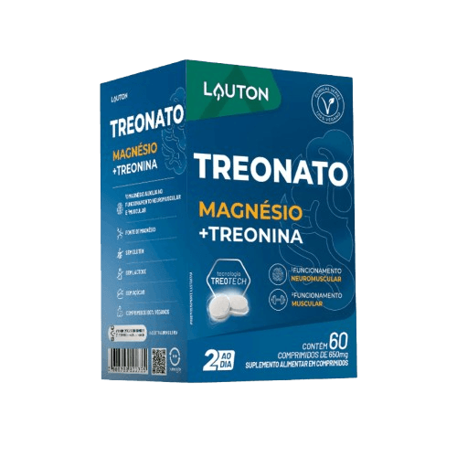 Caixa azul e verde do suplemento alimentar Treonato Magnésio + Treonina da marca Lauton. A parte frontal possui o selo "Clinical Series 100% Vegano" e destaca a "Tecnologia Treotech" com uma ilustraçã